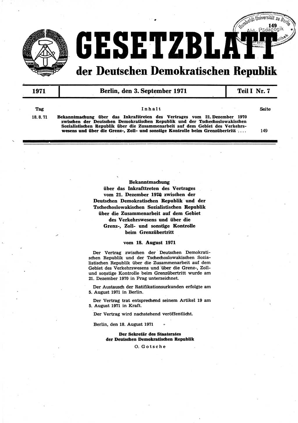 Gesetzblatt (GBl.) der Deutschen Demokratischen Republik (DDR) Teil Ⅰ 1971, Seite 149 (GBl. DDR Ⅰ 1971, S. 149)