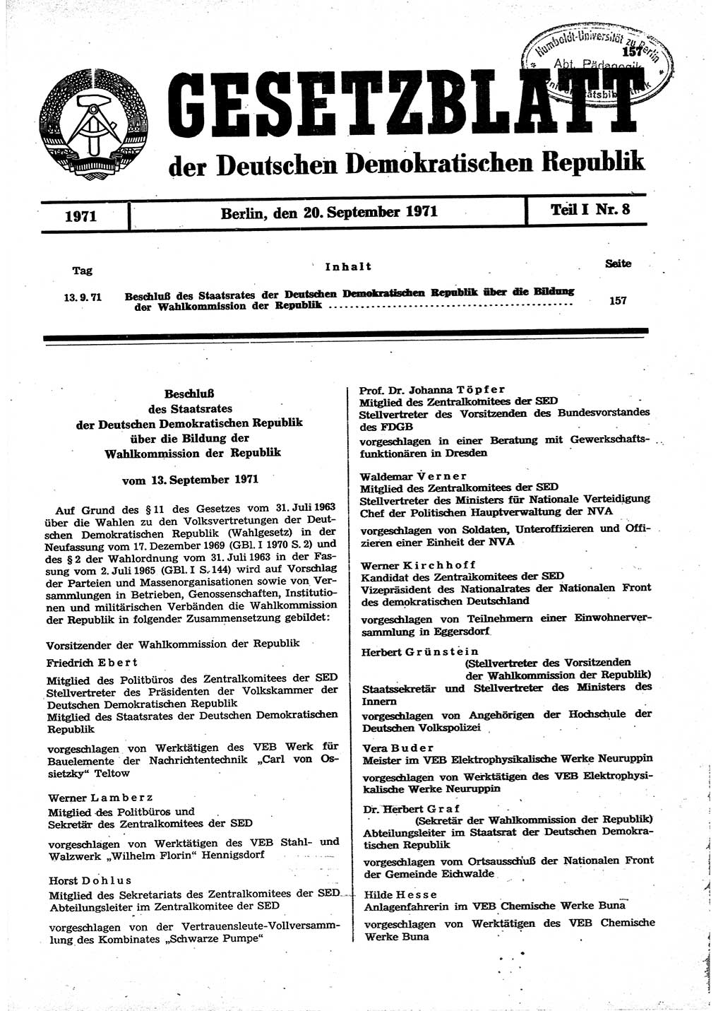 Gesetzblatt (GBl.) der Deutschen Demokratischen Republik (DDR) Teil Ⅰ 1971, Seite 157 (GBl. DDR Ⅰ 1971, S. 157)