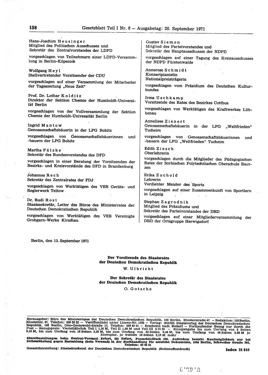 Gesetzblatt (GBl.) der Deutschen Demokratischen Republik (DDR) Teil Ⅰ 1971, Seite 158 (GBl. DDR Ⅰ 1971, S. 158)