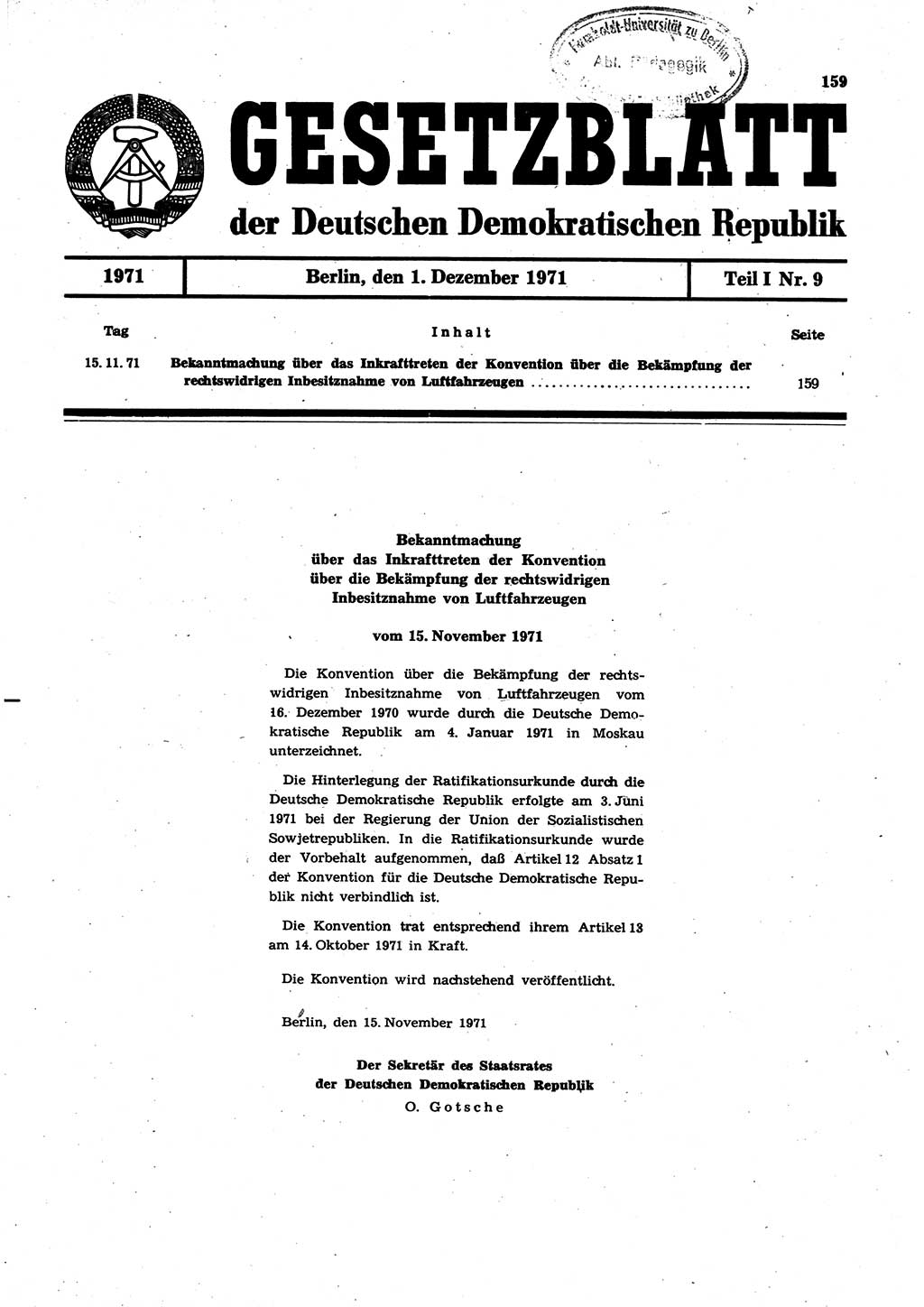 Gesetzblatt (GBl.) der Deutschen Demokratischen Republik (DDR) Teil Ⅰ 1971, Seite 159 (GBl. DDR Ⅰ 1971, S. 159)