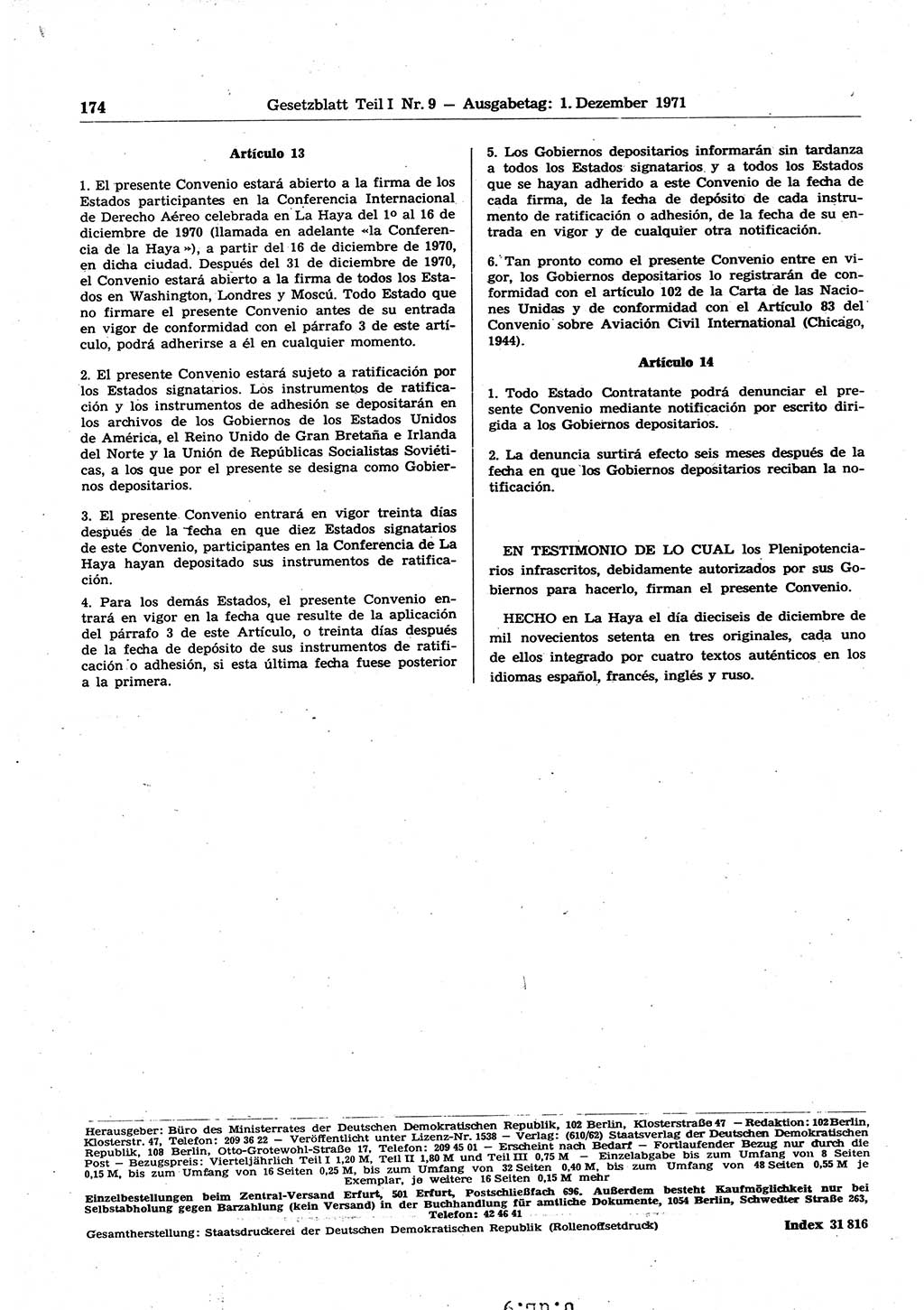 Gesetzblatt (GBl.) der Deutschen Demokratischen Republik (DDR) Teil Ⅰ 1971, Seite 174 (GBl. DDR Ⅰ 1971, S. 174)