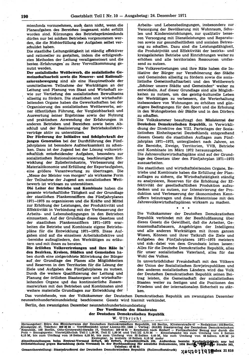 Gesetzblatt (GBl.) der Deutschen Demokratischen Republik (DDR) Teil Ⅰ 1971, Seite 190 (GBl. DDR Ⅰ 1971, S. 190)