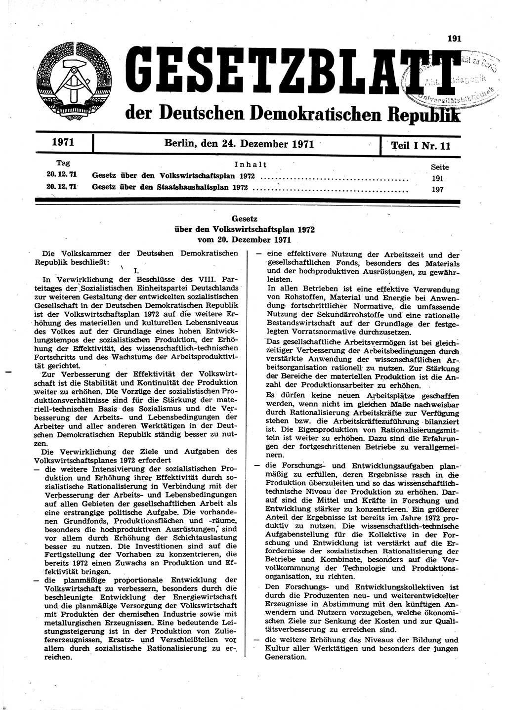 Gesetzblatt (GBl.) der Deutschen Demokratischen Republik (DDR) Teil Ⅰ 1971, Seite 191 (GBl. DDR Ⅰ 1971, S. 191)