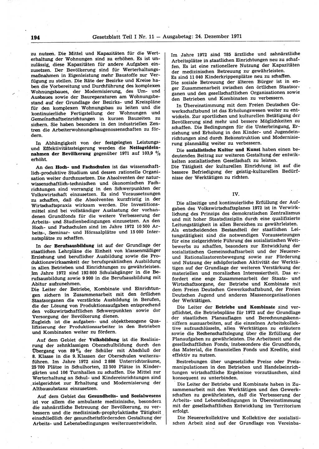 Gesetzblatt (GBl.) der Deutschen Demokratischen Republik (DDR) Teil Ⅰ 1971, Seite 194 (GBl. DDR Ⅰ 1971, S. 194)
