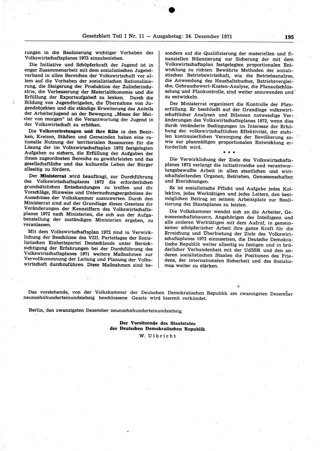 Gesetzblatt (GBl.) der Deutschen Demokratischen Republik (DDR) Teil Ⅰ 1971, Seite 195 (GBl. DDR Ⅰ 1971, S. 195)