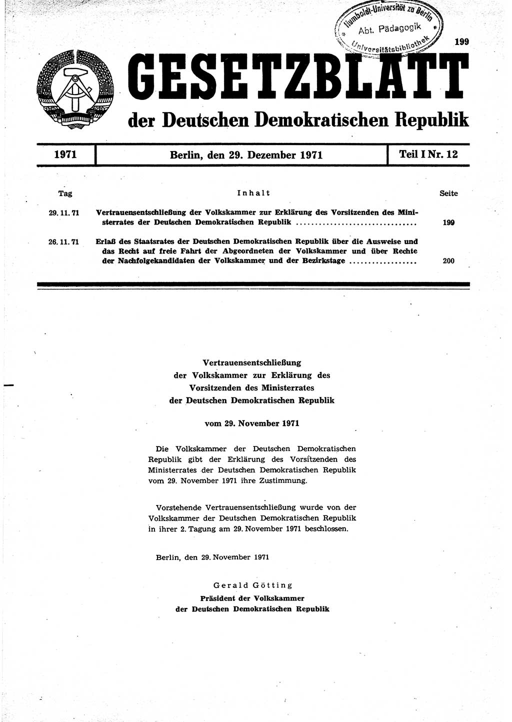 Gesetzblatt (GBl.) der Deutschen Demokratischen Republik (DDR) Teil Ⅰ 1971, Seite 199 (GBl. DDR Ⅰ 1971, S. 199)