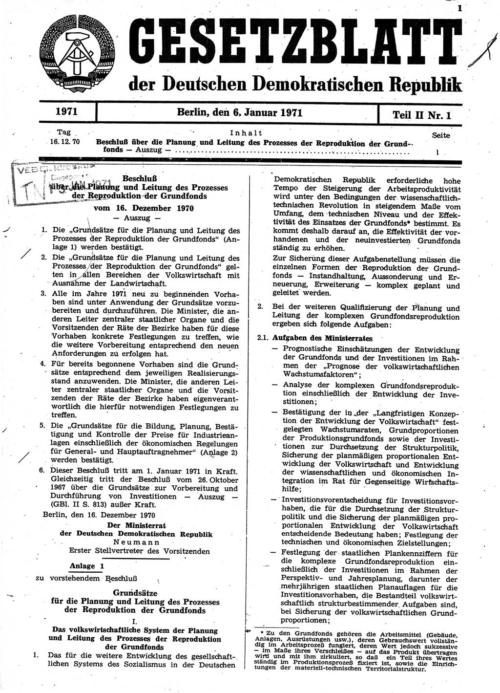 Gesetzblatt (GBl.) der Deutschen Demokratischen Republik (DDR) Teil ⅠⅠ 1971, Seite 1 (GBl. DDR ⅠⅠ 1971, S. 1)