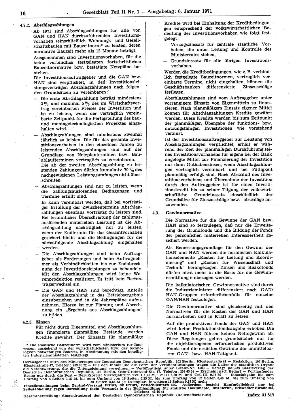 Gesetzblatt (GBl.) der Deutschen Demokratischen Republik (DDR) Teil ⅠⅠ 1971, Seite 16 (GBl. DDR ⅠⅠ 1971, S. 16)