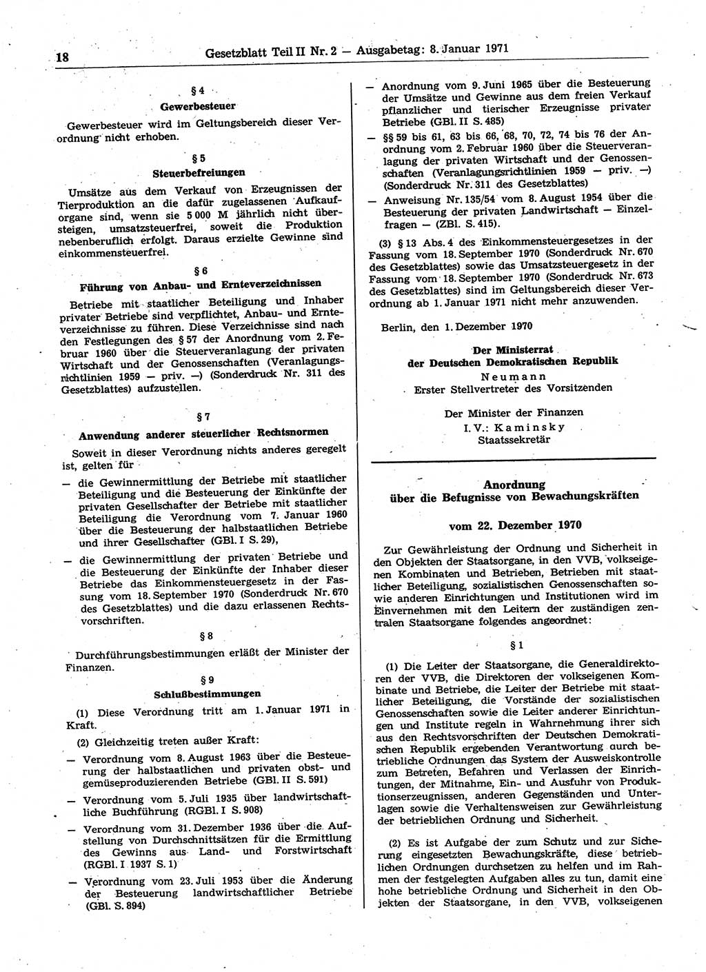 Gesetzblatt (GBl.) der Deutschen Demokratischen Republik (DDR) Teil ⅠⅠ 1971, Seite 18 (GBl. DDR ⅠⅠ 1971, S. 18)