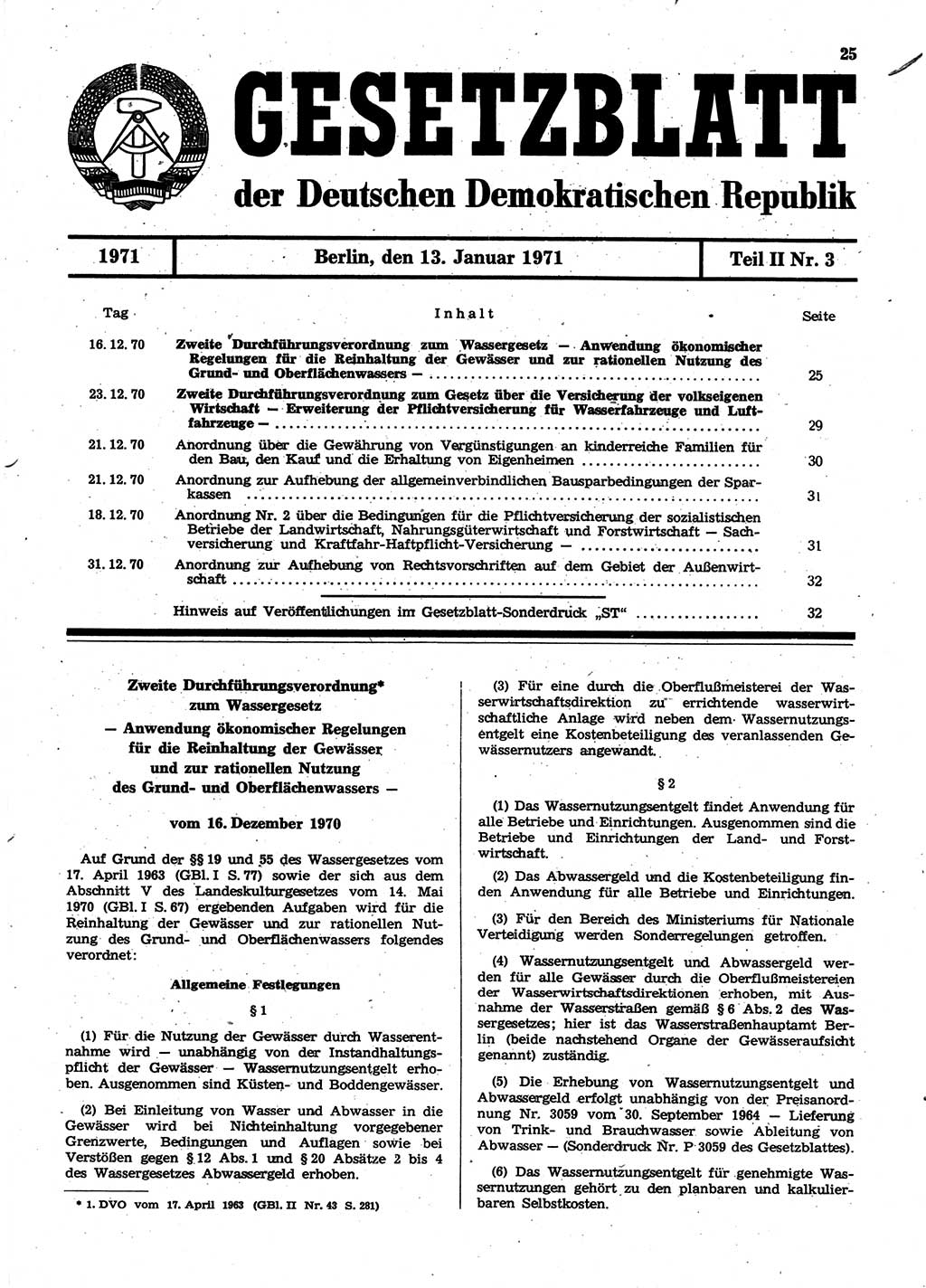 Gesetzblatt (GBl.) der Deutschen Demokratischen Republik (DDR) Teil ⅠⅠ 1971, Seite 25 (GBl. DDR ⅠⅠ 1971, S. 25)