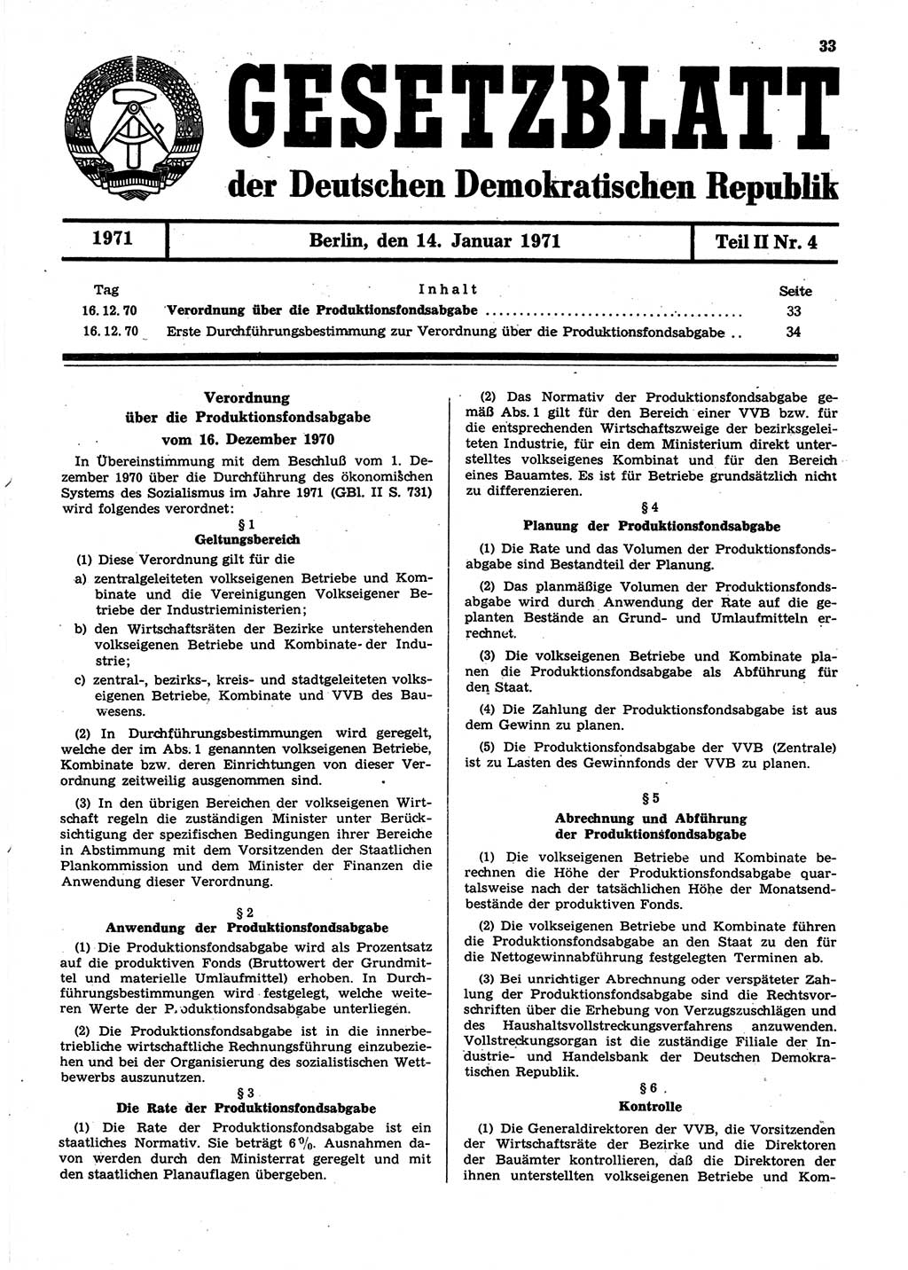 Gesetzblatt (GBl.) der Deutschen Demokratischen Republik (DDR) Teil ⅠⅠ 1971, Seite 33 (GBl. DDR ⅠⅠ 1971, S. 33)