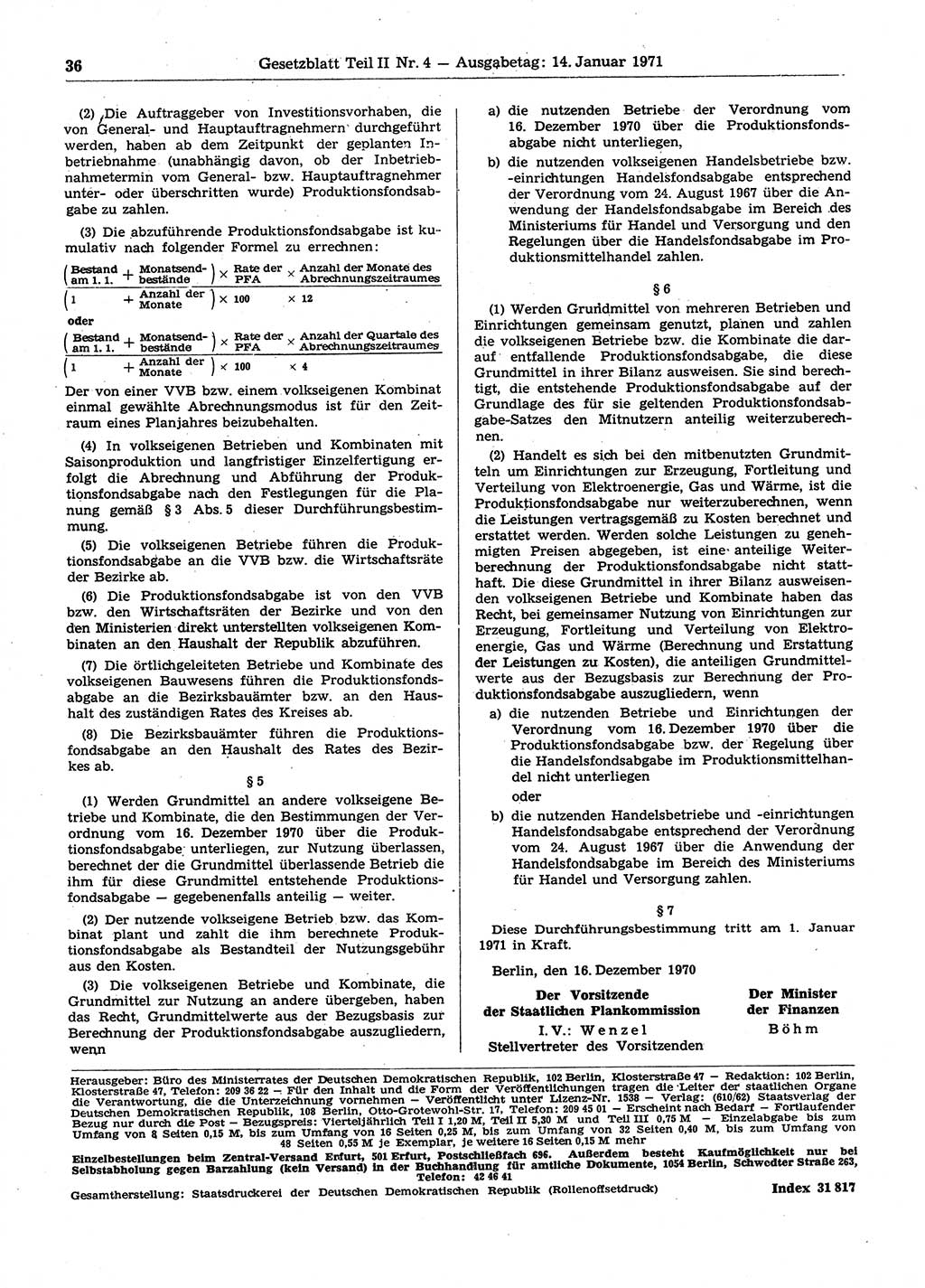 Gesetzblatt (GBl.) der Deutschen Demokratischen Republik (DDR) Teil ⅠⅠ 1971, Seite 36 (GBl. DDR ⅠⅠ 1971, S. 36)