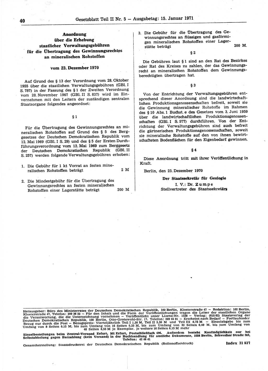 Gesetzblatt (GBl.) der Deutschen Demokratischen Republik (DDR) Teil ⅠⅠ 1971, Seite 40 (GBl. DDR ⅠⅠ 1971, S. 40)