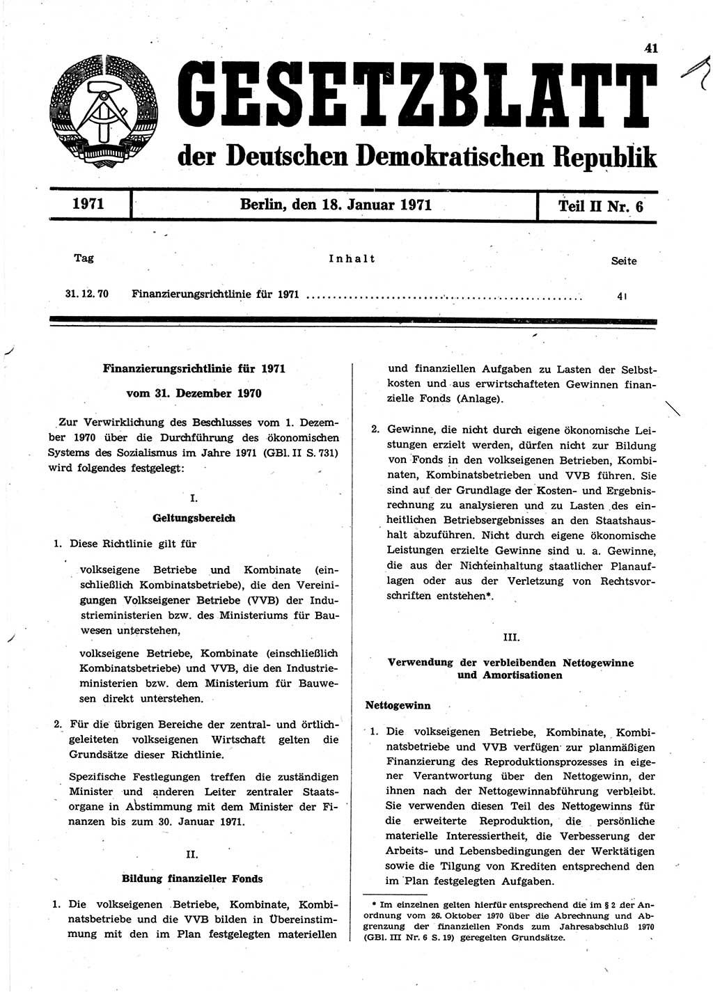 Gesetzblatt (GBl.) der Deutschen Demokratischen Republik (DDR) Teil ⅠⅠ 1971, Seite 41 (GBl. DDR ⅠⅠ 1971, S. 41)