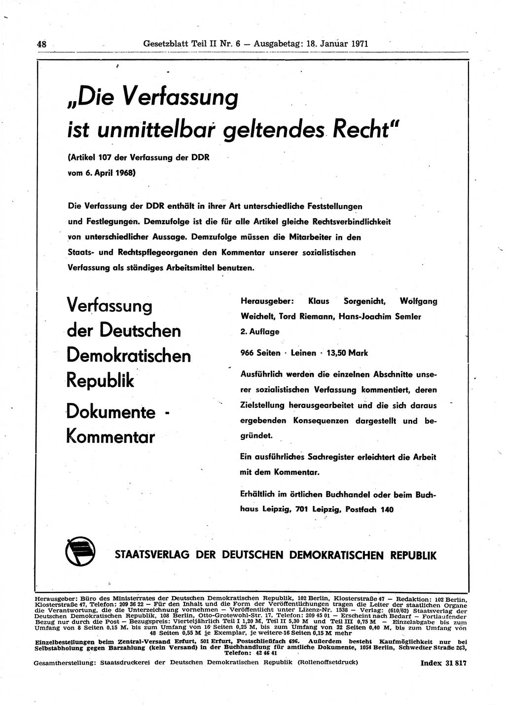 Gesetzblatt (GBl.) der Deutschen Demokratischen Republik (DDR) Teil ⅠⅠ 1971, Seite 48 (GBl. DDR ⅠⅠ 1971, S. 48)