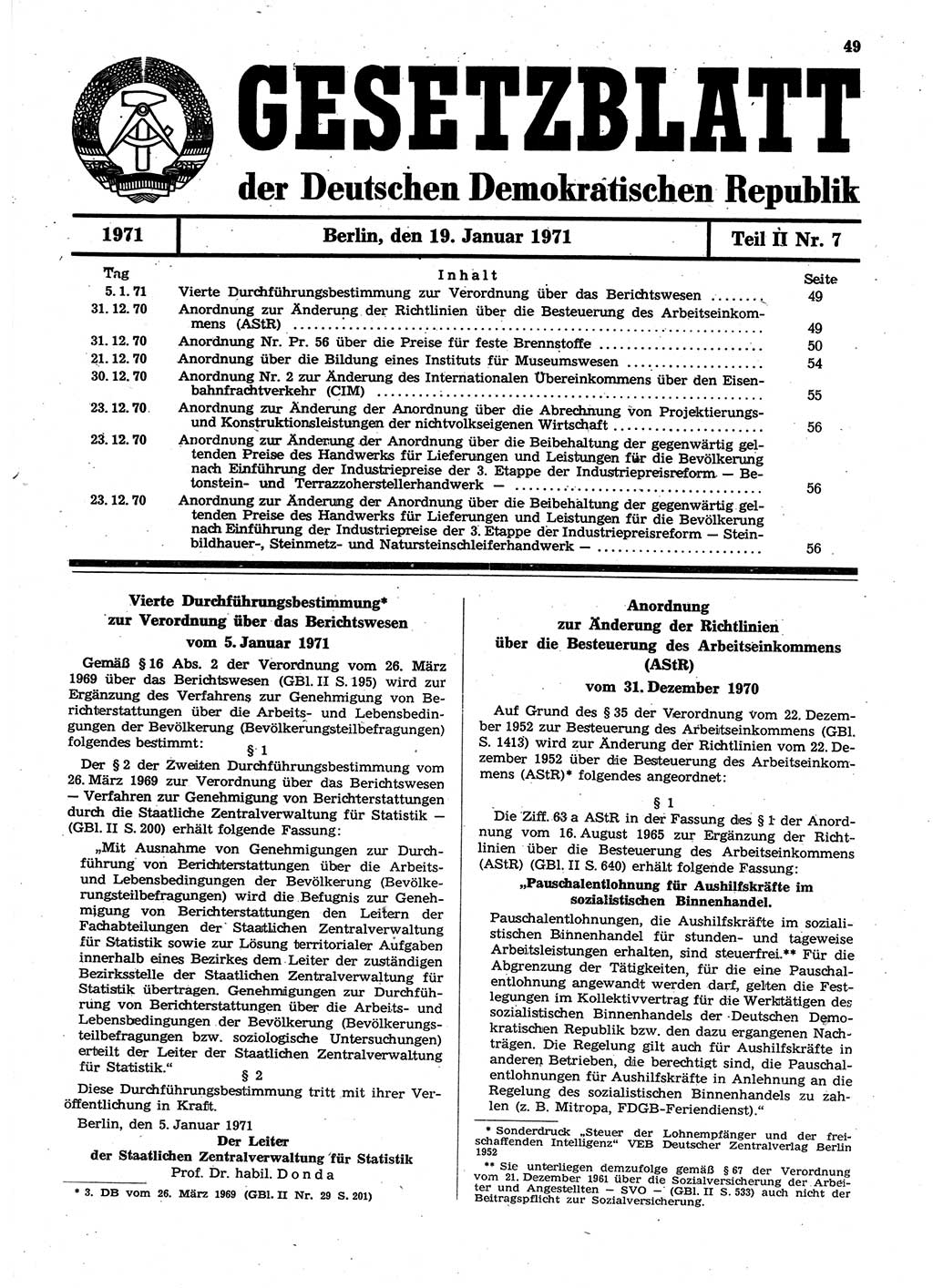 Gesetzblatt (GBl.) der Deutschen Demokratischen Republik (DDR) Teil ⅠⅠ 1971, Seite 49 (GBl. DDR ⅠⅠ 1971, S. 49)