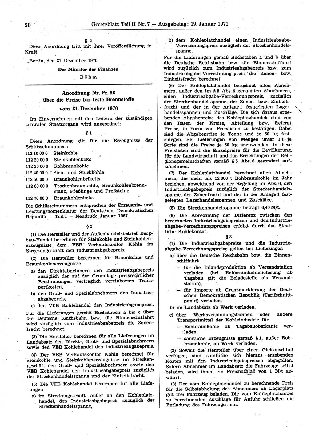 Gesetzblatt (GBl.) der Deutschen Demokratischen Republik (DDR) Teil ⅠⅠ 1971, Seite 50 (GBl. DDR ⅠⅠ 1971, S. 50)
