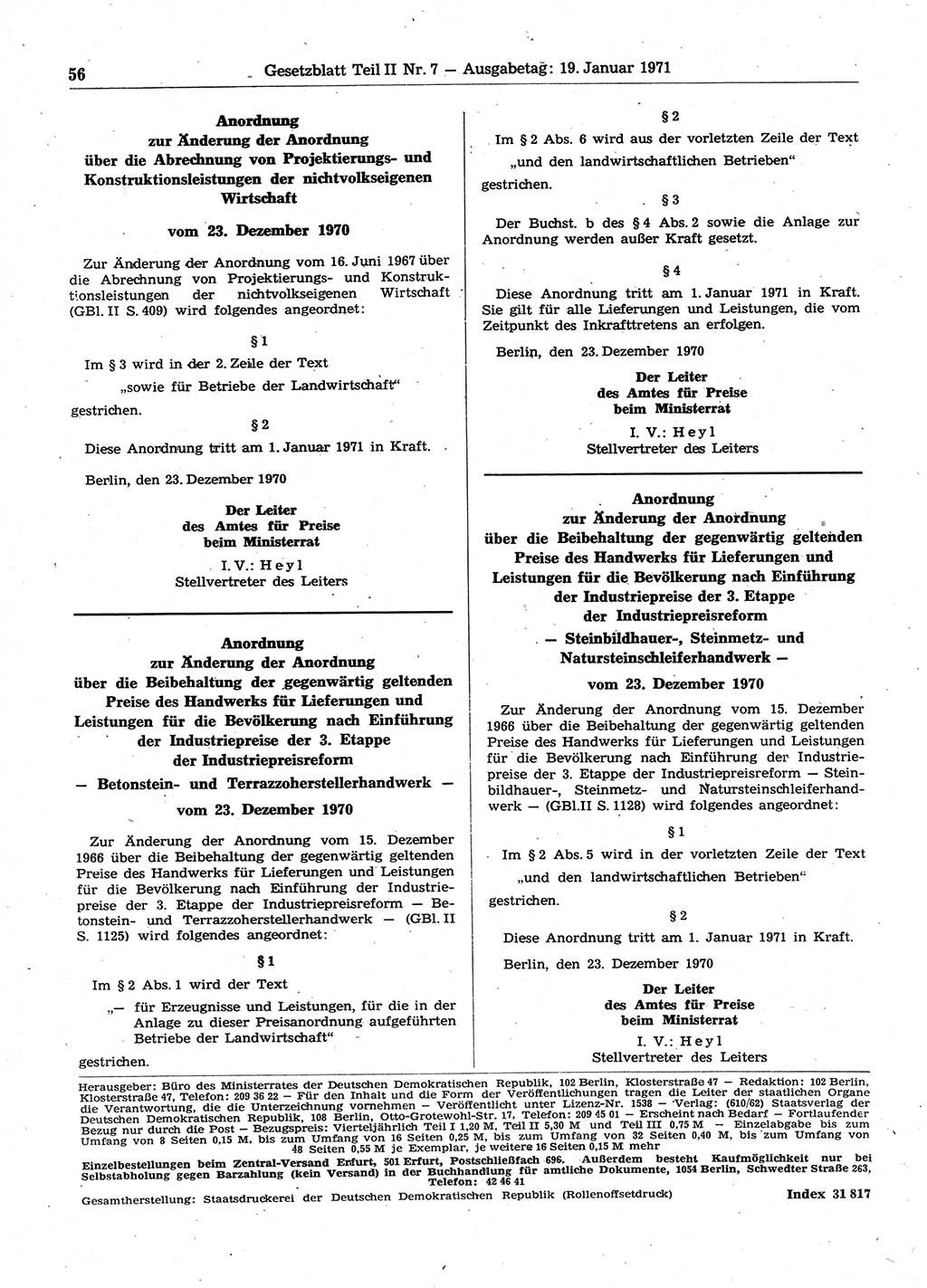 Gesetzblatt (GBl.) der Deutschen Demokratischen Republik (DDR) Teil ⅠⅠ 1971, Seite 56 (GBl. DDR ⅠⅠ 1971, S. 56)