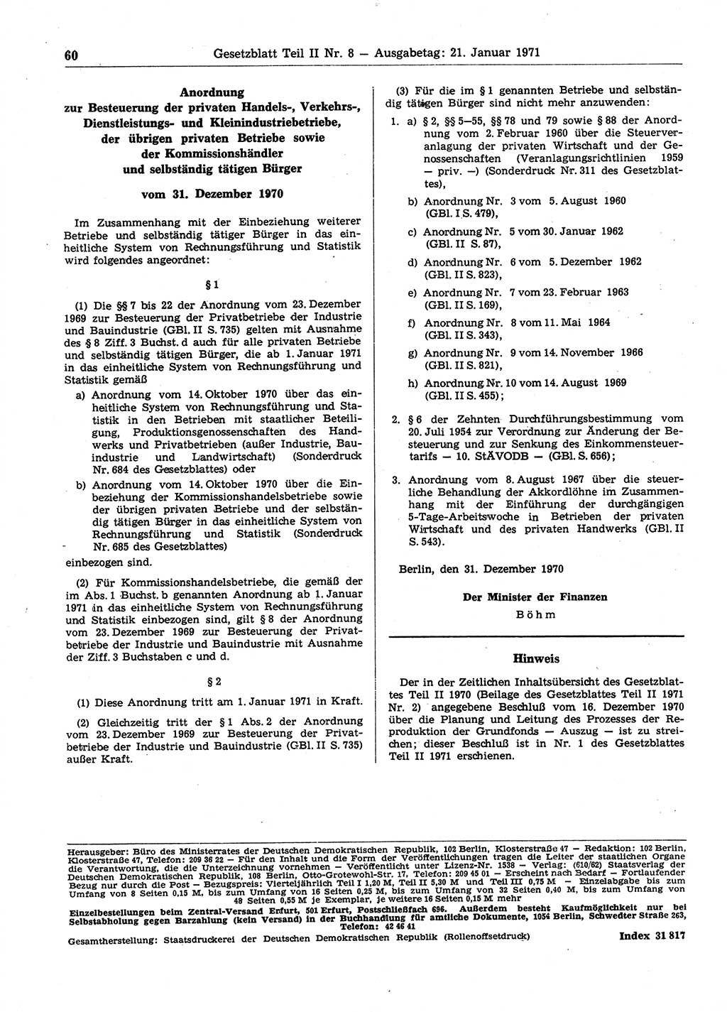 Gesetzblatt (GBl.) der Deutschen Demokratischen Republik (DDR) Teil ⅠⅠ 1971, Seite 60 (GBl. DDR ⅠⅠ 1971, S. 60)