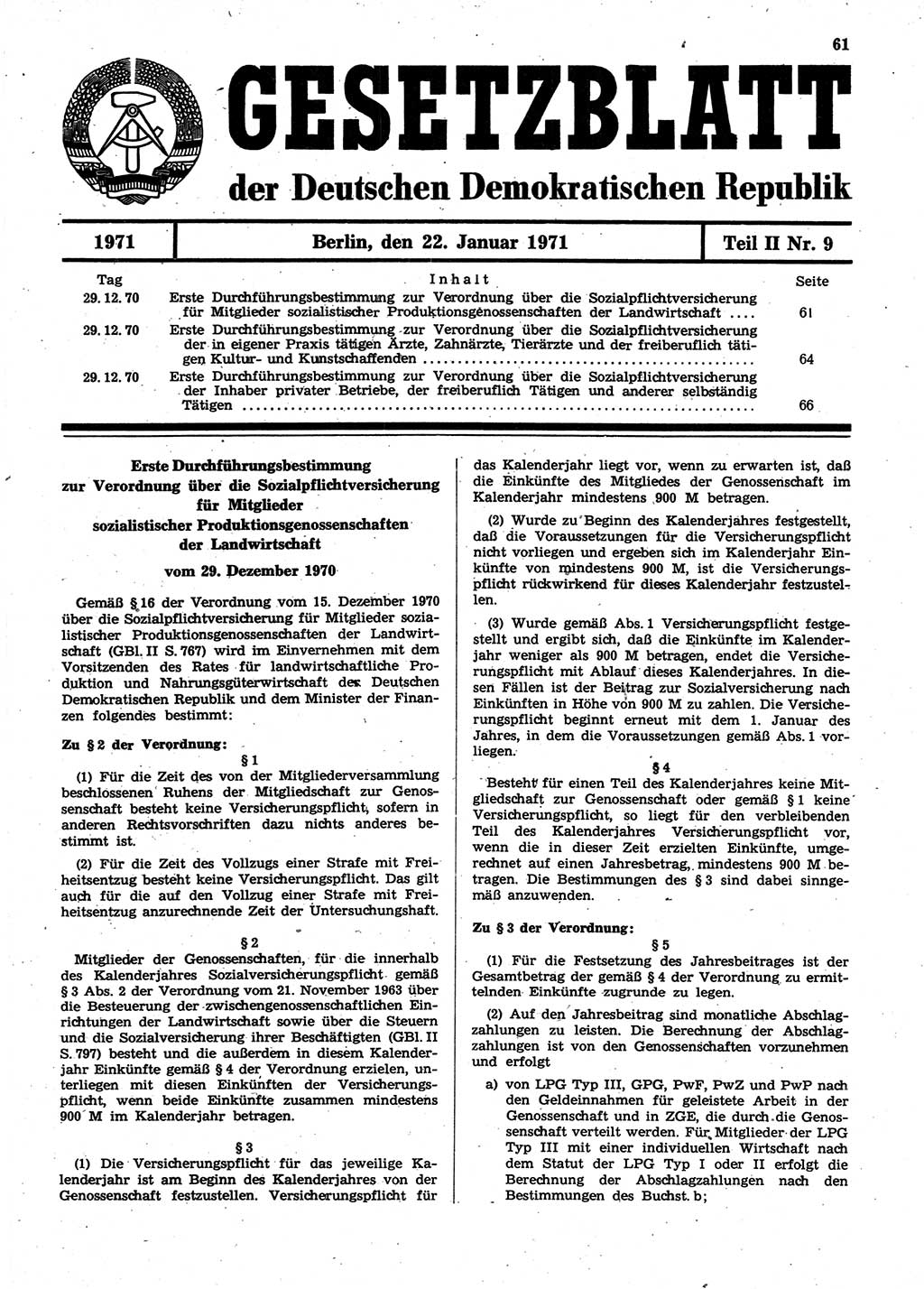 Gesetzblatt (GBl.) der Deutschen Demokratischen Republik (DDR) Teil ⅠⅠ 1971, Seite 61 (GBl. DDR ⅠⅠ 1971, S. 61)