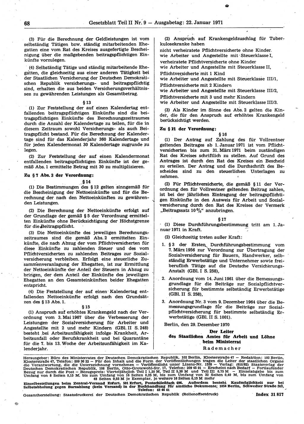 Gesetzblatt (GBl.) der Deutschen Demokratischen Republik (DDR) Teil ⅠⅠ 1971, Seite 68 (GBl. DDR ⅠⅠ 1971, S. 68)