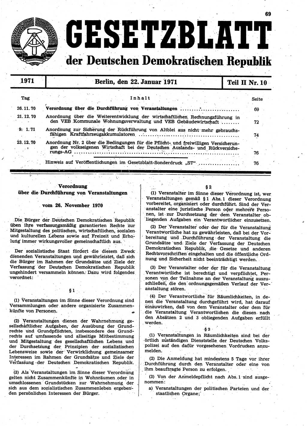 Gesetzblatt (GBl.) der Deutschen Demokratischen Republik (DDR) Teil ⅠⅠ 1971, Seite 69 (GBl. DDR ⅠⅠ 1971, S. 69)