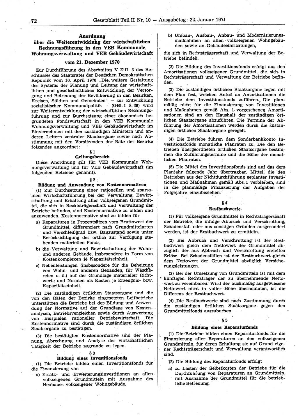 Gesetzblatt (GBl.) der Deutschen Demokratischen Republik (DDR) Teil ⅠⅠ 1971, Seite 72 (GBl. DDR ⅠⅠ 1971, S. 72)