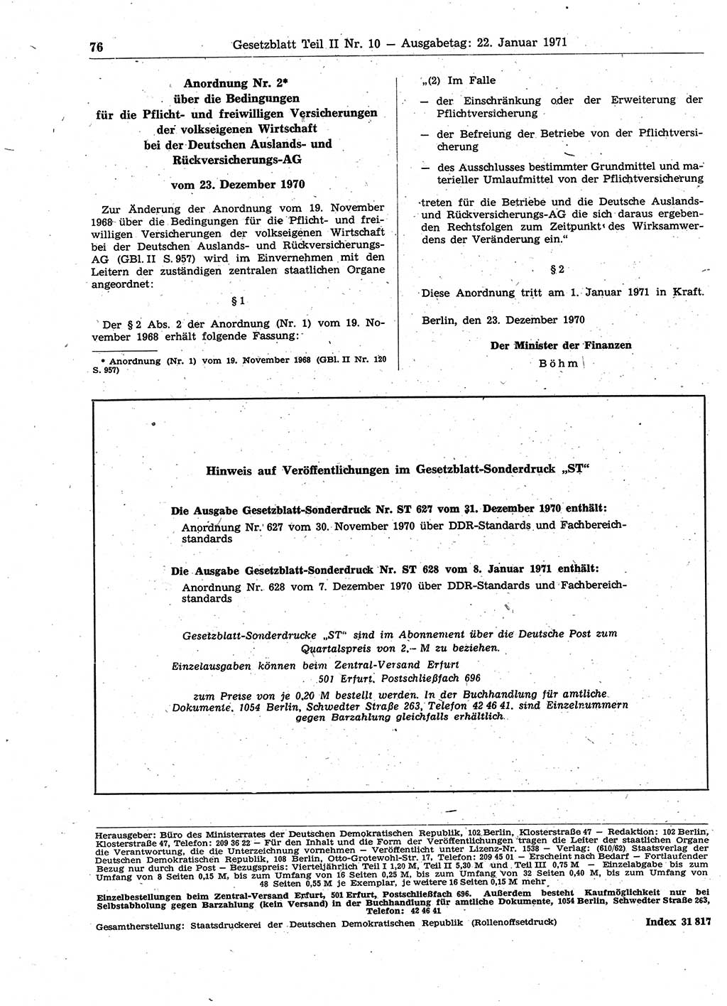 Gesetzblatt (GBl.) der Deutschen Demokratischen Republik (DDR) Teil ⅠⅠ 1971, Seite 76 (GBl. DDR ⅠⅠ 1971, S. 76)