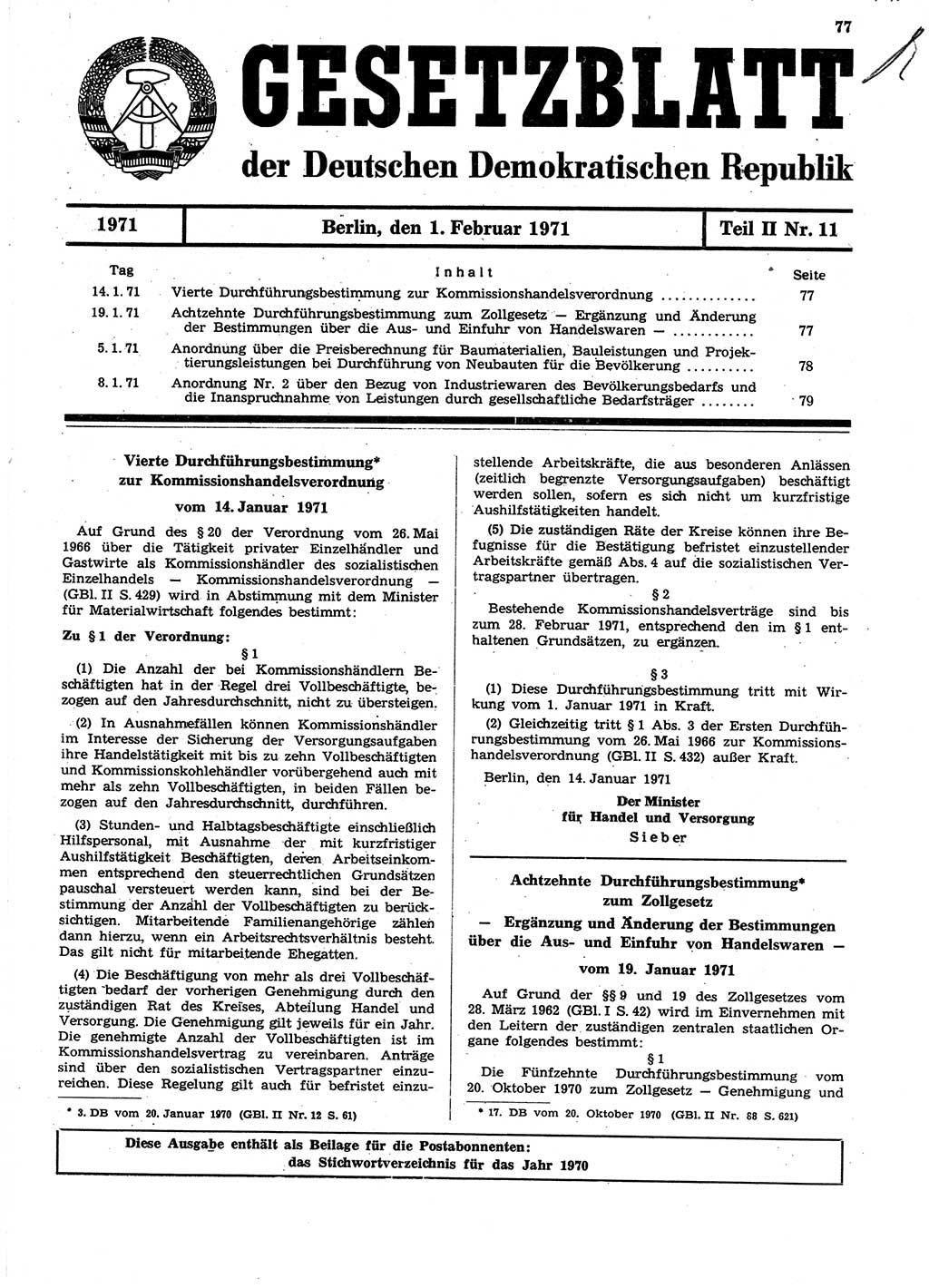 Gesetzblatt (GBl.) der Deutschen Demokratischen Republik (DDR) Teil ⅠⅠ 1971, Seite 77 (GBl. DDR ⅠⅠ 1971, S. 77)