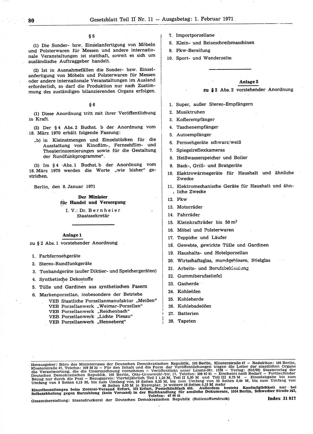 Gesetzblatt (GBl.) der Deutschen Demokratischen Republik (DDR) Teil ⅠⅠ 1971, Seite 80 (GBl. DDR ⅠⅠ 1971, S. 80)