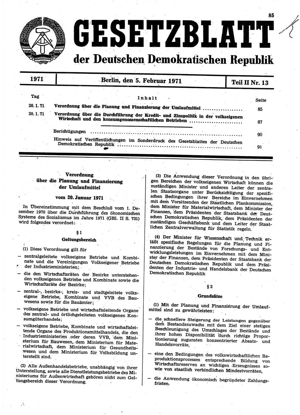 Gesetzblatt (GBl.) der Deutschen Demokratischen Republik (DDR) Teil ⅠⅠ 1971, Seite 85 (GBl. DDR ⅠⅠ 1971, S. 85)
