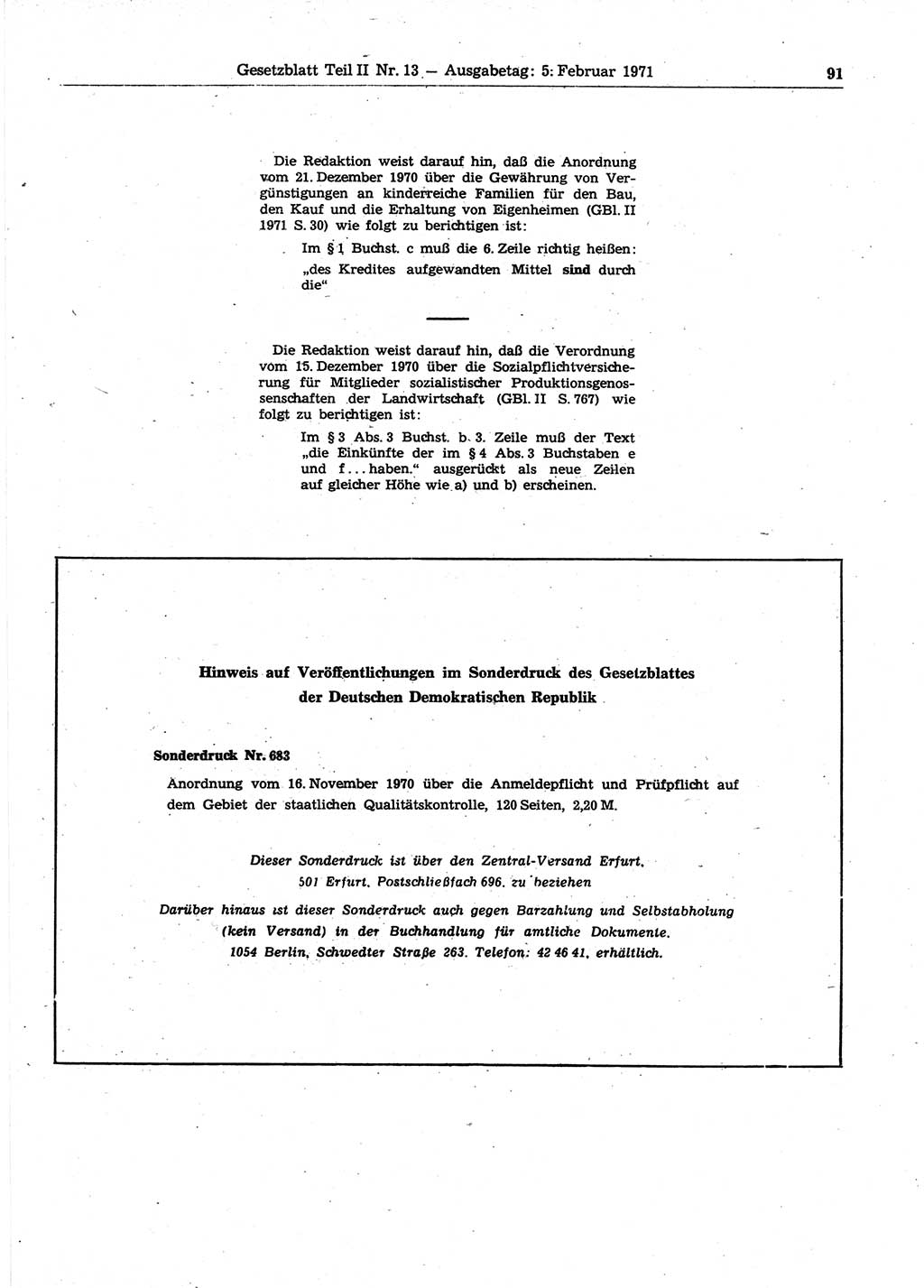 Gesetzblatt (GBl.) der Deutschen Demokratischen Republik (DDR) Teil ⅠⅠ 1971, Seite 91 (GBl. DDR ⅠⅠ 1971, S. 91)