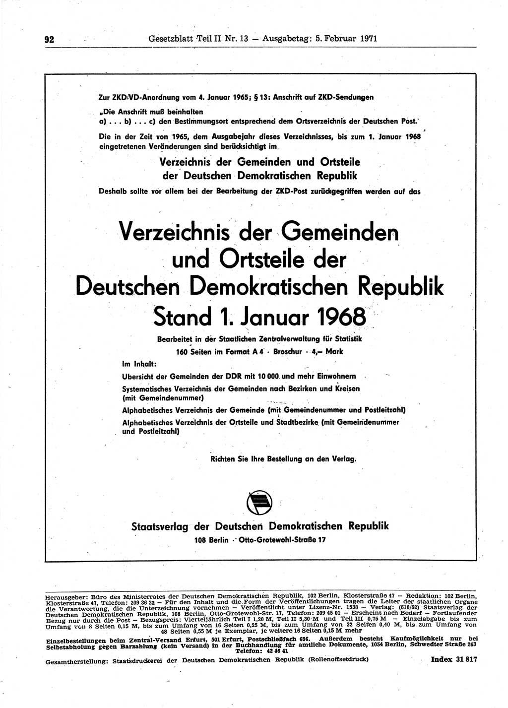 Gesetzblatt (GBl.) der Deutschen Demokratischen Republik (DDR) Teil ⅠⅠ 1971, Seite 92 (GBl. DDR ⅠⅠ 1971, S. 92)