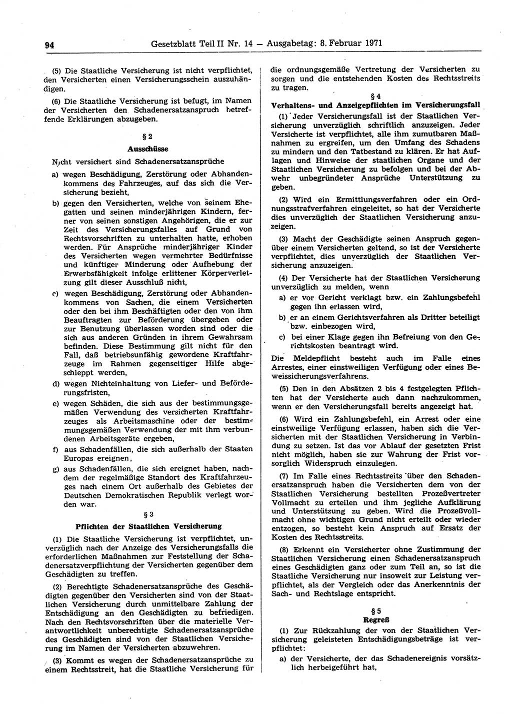 Gesetzblatt (GBl.) der Deutschen Demokratischen Republik (DDR) Teil ⅠⅠ 1971, Seite 94 (GBl. DDR ⅠⅠ 1971, S. 94)