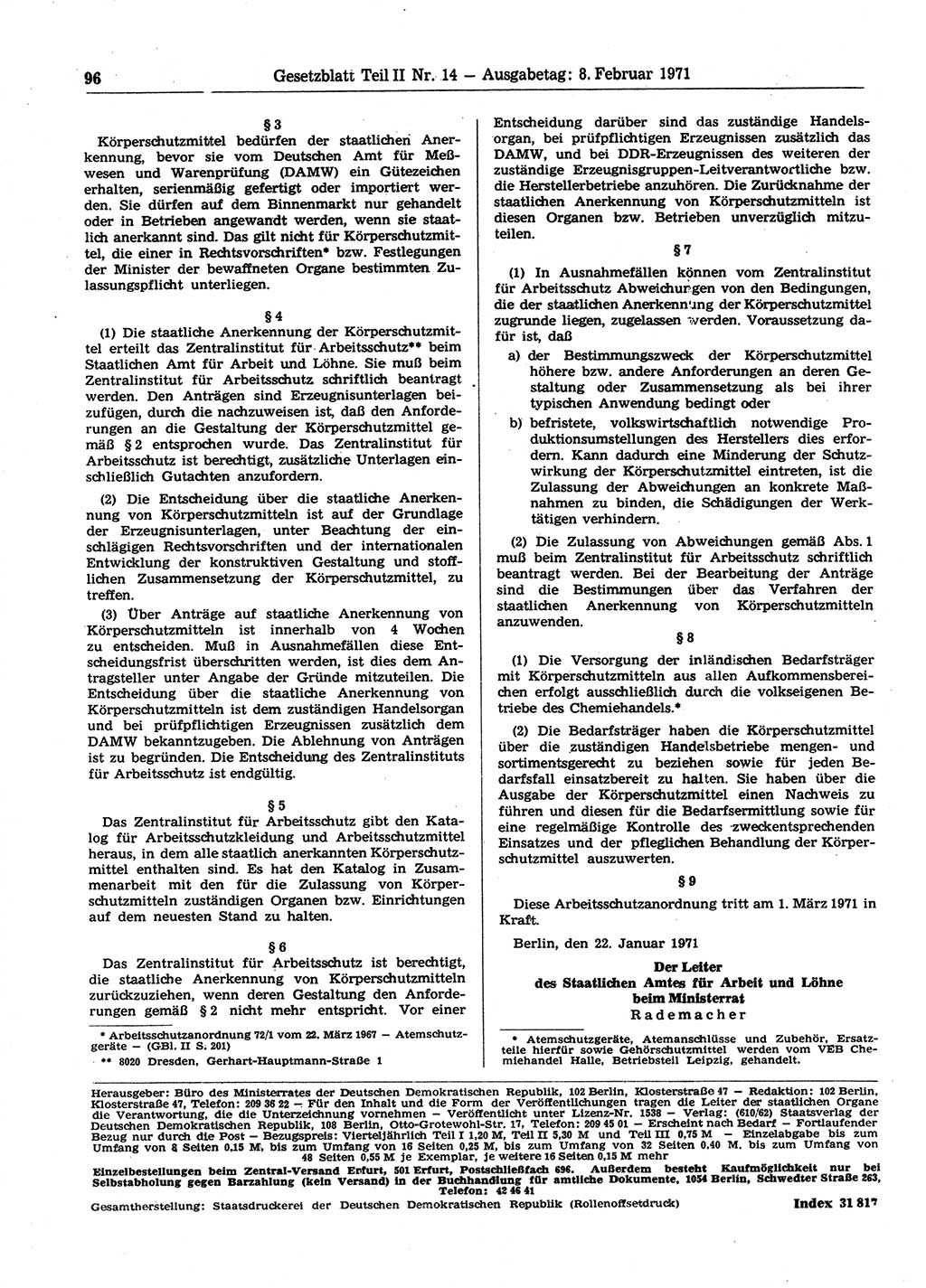 Gesetzblatt (GBl.) der Deutschen Demokratischen Republik (DDR) Teil ⅠⅠ 1971, Seite 96 (GBl. DDR ⅠⅠ 1971, S. 96)