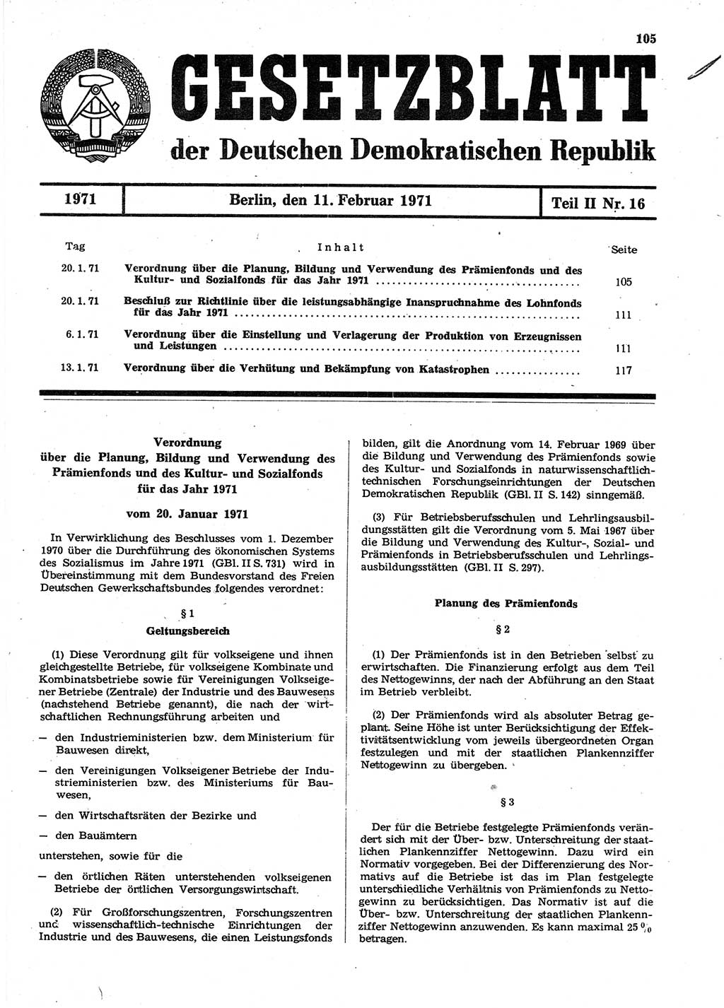 Gesetzblatt (GBl.) der Deutschen Demokratischen Republik (DDR) Teil ⅠⅠ 1971, Seite 105 (GBl. DDR ⅠⅠ 1971, S. 105)