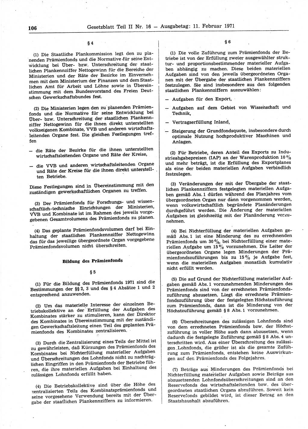 Gesetzblatt (GBl.) der Deutschen Demokratischen Republik (DDR) Teil ⅠⅠ 1971, Seite 106 (GBl. DDR ⅠⅠ 1971, S. 106)