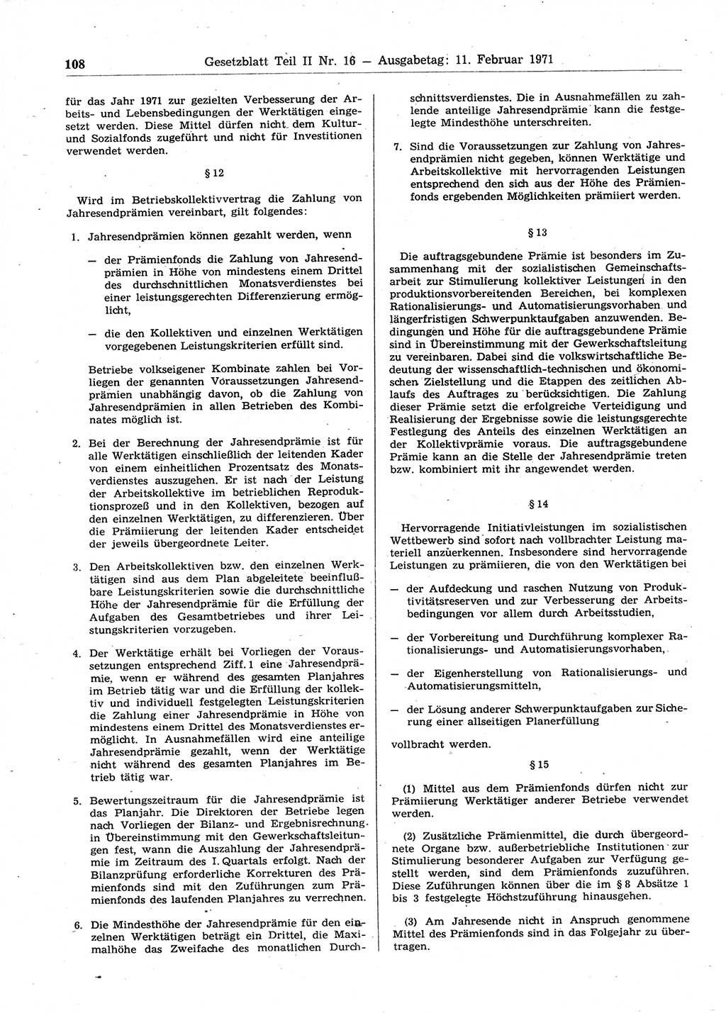Gesetzblatt (GBl.) der Deutschen Demokratischen Republik (DDR) Teil ⅠⅠ 1971, Seite 108 (GBl. DDR ⅠⅠ 1971, S. 108)