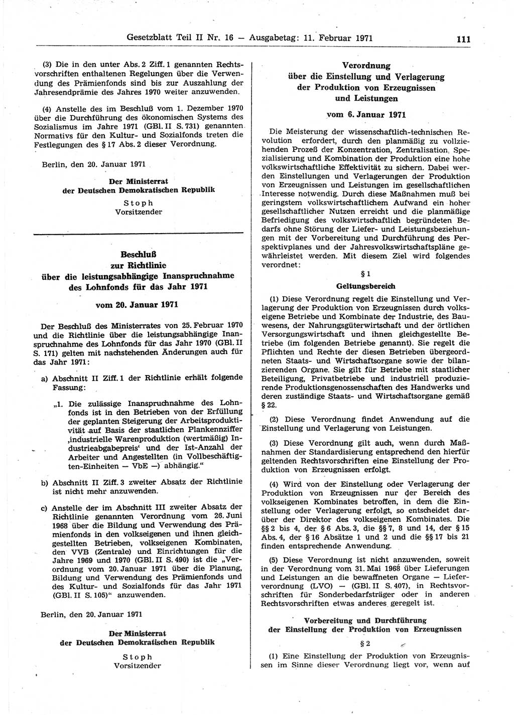 Gesetzblatt (GBl.) der Deutschen Demokratischen Republik (DDR) Teil ⅠⅠ 1971, Seite 111 (GBl. DDR ⅠⅠ 1971, S. 111)