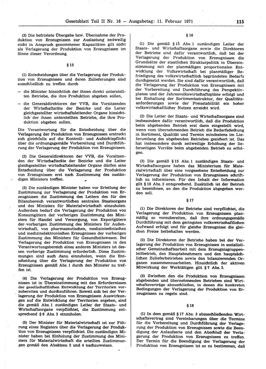 Gesetzblatt (GBl.) der Deutschen Demokratischen Republik (DDR) Teil ⅠⅠ 1971, Seite 115 (GBl. DDR ⅠⅠ 1971, S. 115)