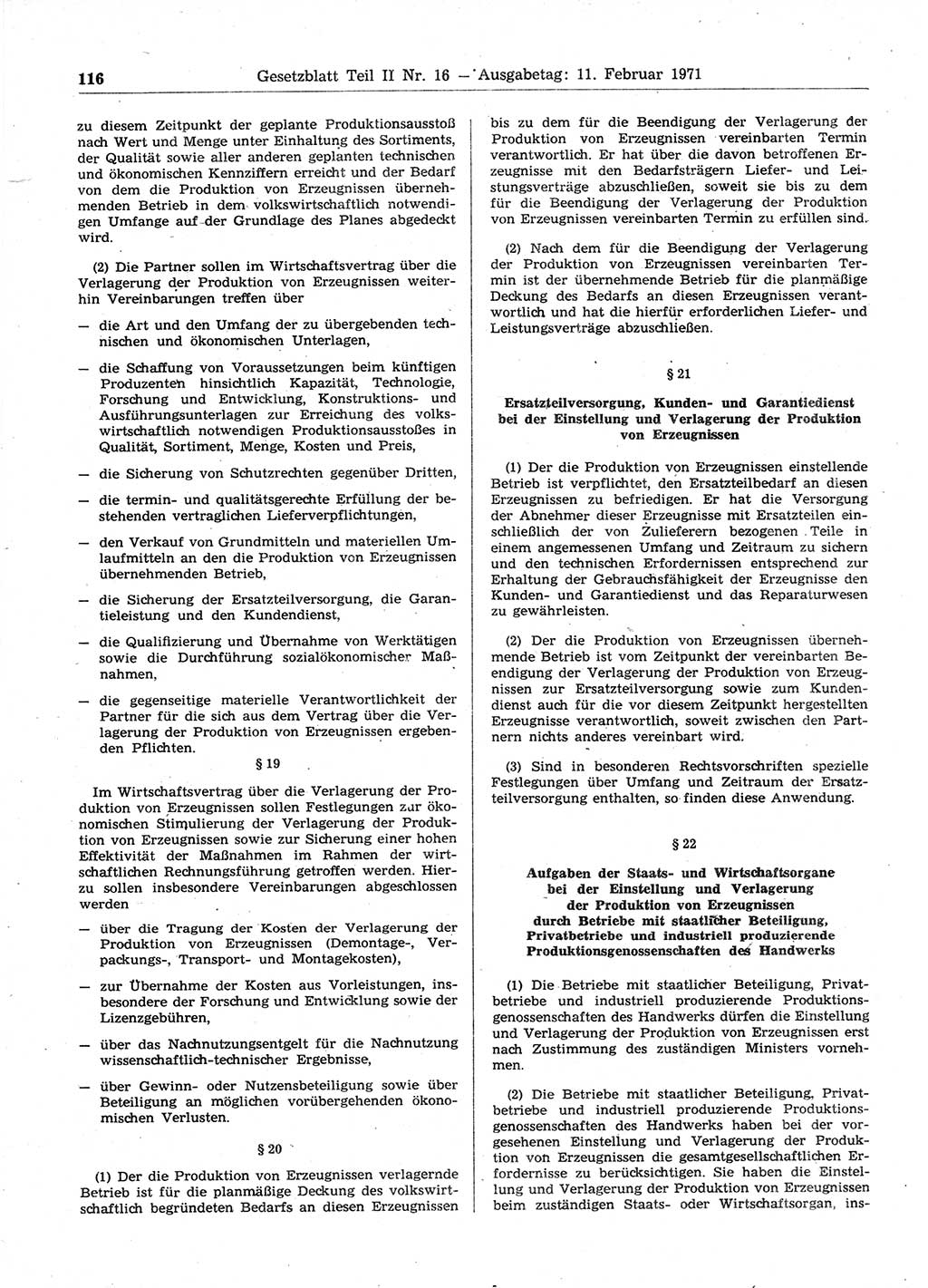 Gesetzblatt (GBl.) der Deutschen Demokratischen Republik (DDR) Teil ⅠⅠ 1971, Seite 116 (GBl. DDR ⅠⅠ 1971, S. 116)