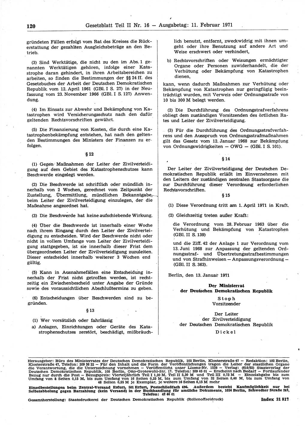 Gesetzblatt (GBl.) der Deutschen Demokratischen Republik (DDR) Teil ⅠⅠ 1971, Seite 120 (GBl. DDR ⅠⅠ 1971, S. 120)