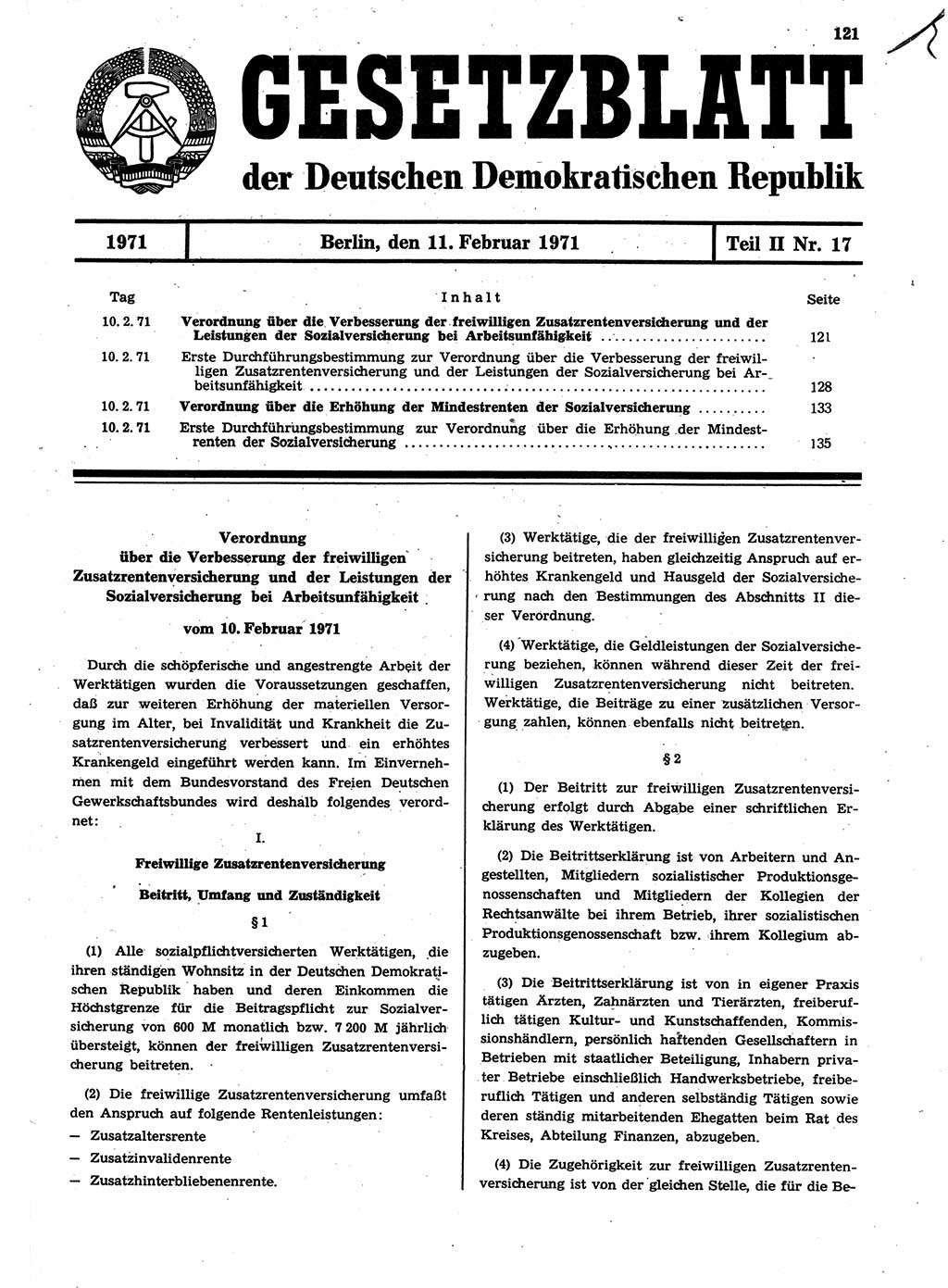 Gesetzblatt (GBl.) der Deutschen Demokratischen Republik (DDR) Teil ⅠⅠ 1971, Seite 121 (GBl. DDR ⅠⅠ 1971, S. 121)