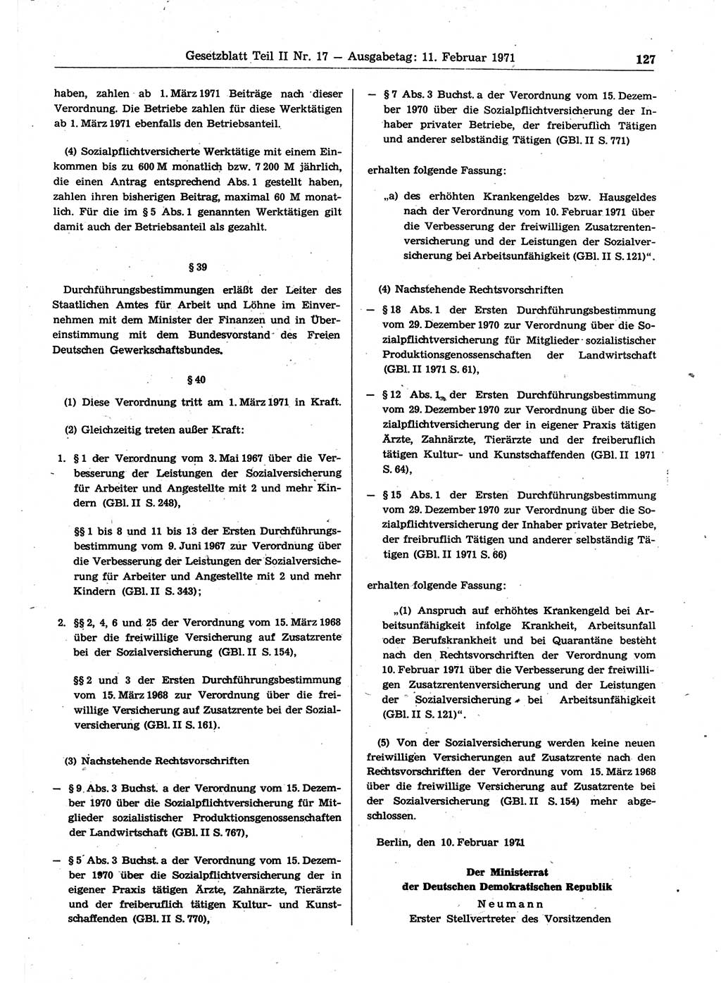 Gesetzblatt (GBl.) der Deutschen Demokratischen Republik (DDR) Teil ⅠⅠ 1971, Seite 127 (GBl. DDR ⅠⅠ 1971, S. 127)