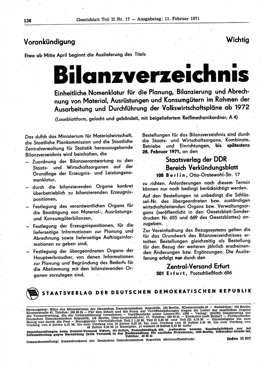 Gesetzblatt (GBl.) der Deutschen Demokratischen Republik (DDR) Teil ⅠⅠ 1971, Seite 136 (GBl. DDR ⅠⅠ 1971, S. 136)