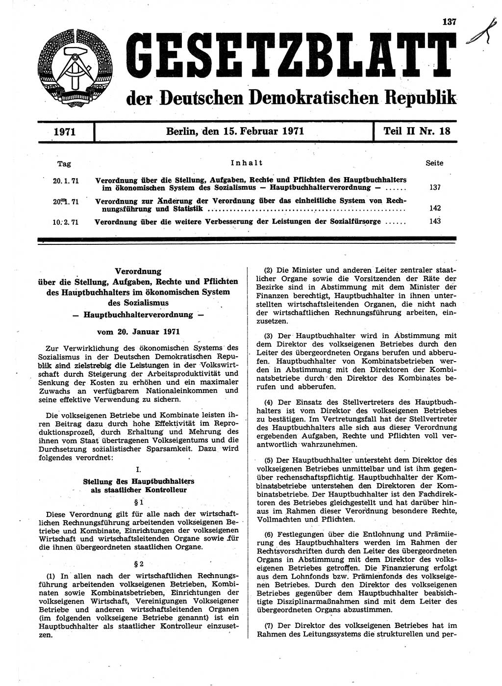 Gesetzblatt (GBl.) der Deutschen Demokratischen Republik (DDR) Teil ⅠⅠ 1971, Seite 137 (GBl. DDR ⅠⅠ 1971, S. 137)