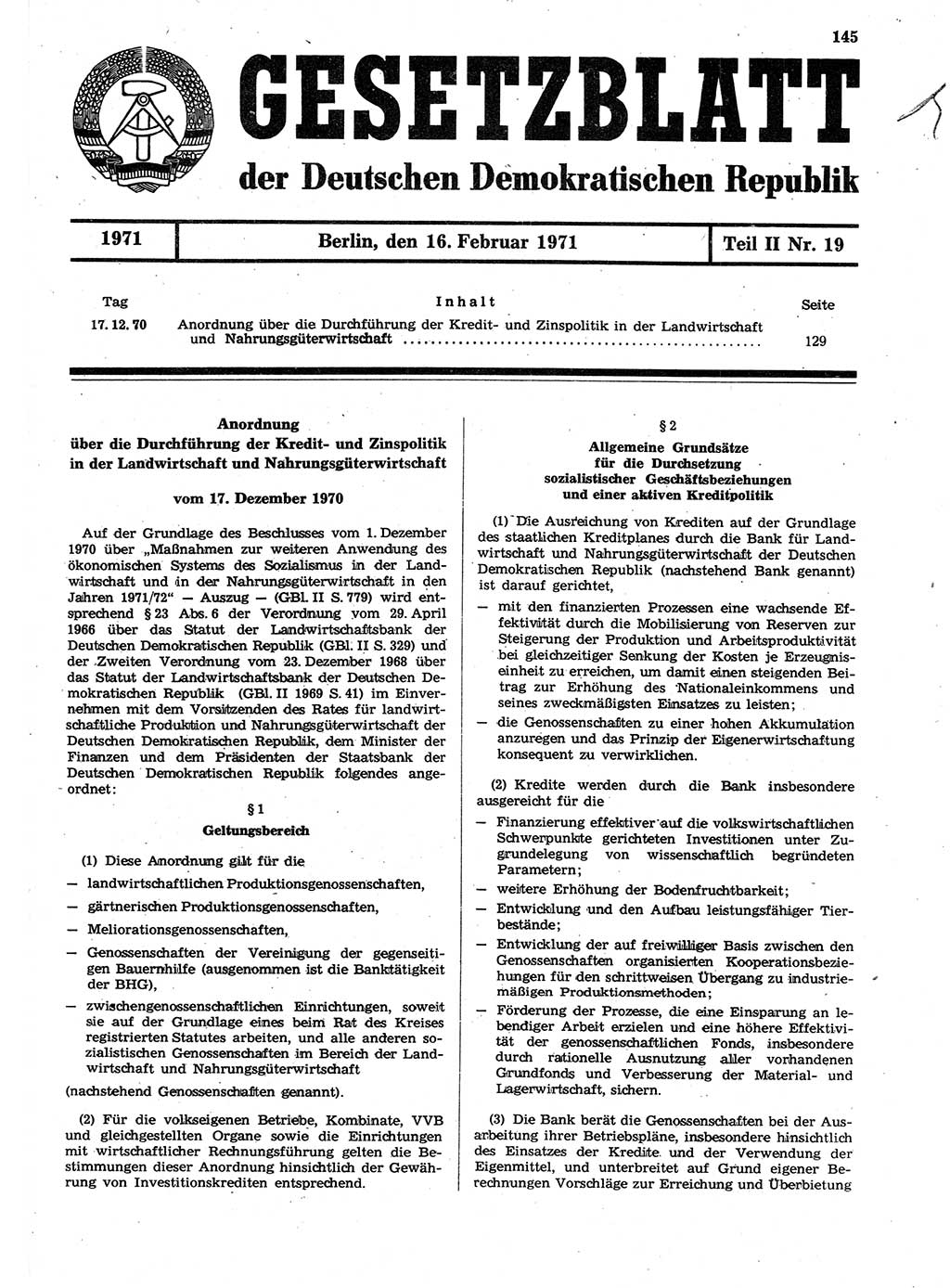 Gesetzblatt (GBl.) der Deutschen Demokratischen Republik (DDR) Teil ⅠⅠ 1971, Seite 145 (GBl. DDR ⅠⅠ 1971, S. 145)