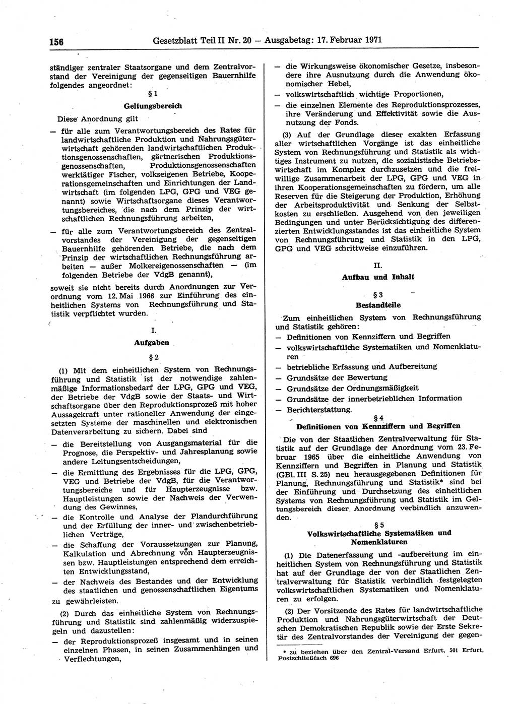 Gesetzblatt (GBl.) der Deutschen Demokratischen Republik (DDR) Teil ⅠⅠ 1971, Seite 156 (GBl. DDR ⅠⅠ 1971, S. 156)