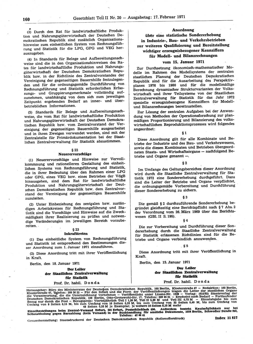 Gesetzblatt (GBl.) der Deutschen Demokratischen Republik (DDR) Teil ⅠⅠ 1971, Seite 160 (GBl. DDR ⅠⅠ 1971, S. 160)