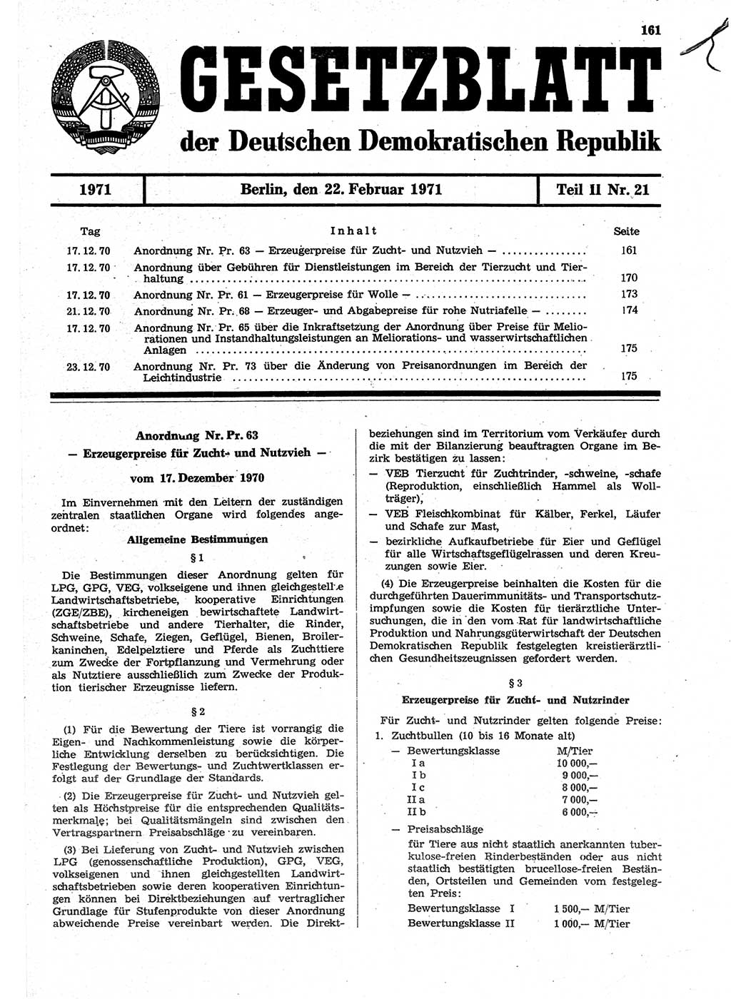 Gesetzblatt (GBl.) der Deutschen Demokratischen Republik (DDR) Teil ⅠⅠ 1971, Seite 161 (GBl. DDR ⅠⅠ 1971, S. 161)